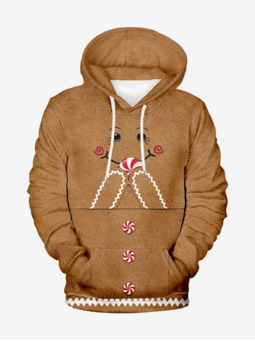 Plus Size Christmas Gingerbread Smile Face Candy Print Drawstring Pockets Hoodie For Men - LIGHT BROWN - 8XL