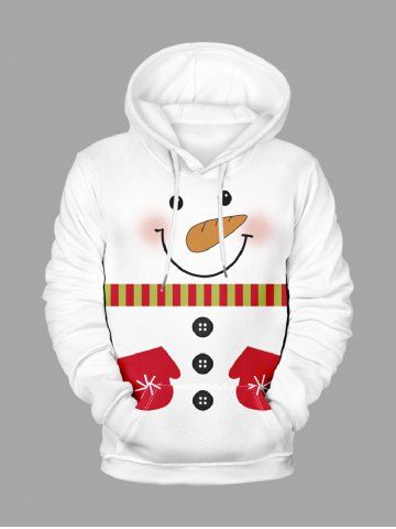 Plus Size Christmas Snowman Gloves Buttons Print Drawstring Pockets Hoodie For Men - WHITE - 8XL