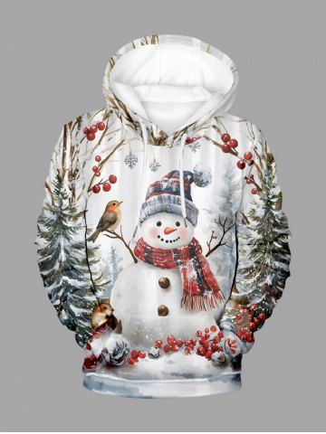 Plus Size Christmas Snownan Snowflake Bird Holly Fruit Print Drawstring Pockets Hoodie For Men - WHITE - M