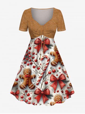 Plus Size Christmas Gingerbread Candy Holly Fruit Bowknot Snowflake Print Cinched Dress - LIGHT BROWN - XXS