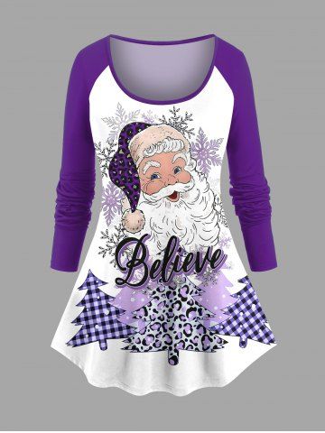 Plus Size Christmas Tree Plaid Leopard Santa Claus Snowflake Print T-shirt - PURPLE - XS