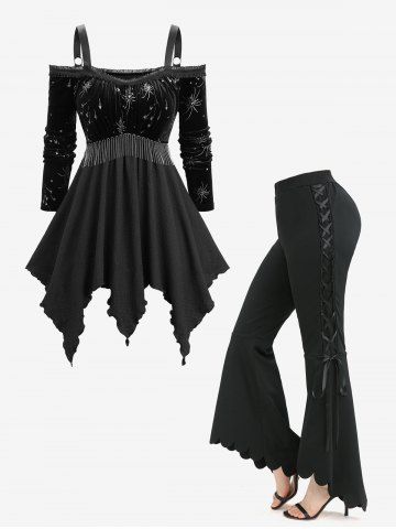 Silver Stamping Fireworks Tassel Asymmetric Top and Lace Up Scalloped Hem Flare Pants Plus Size Outfit - BLACK