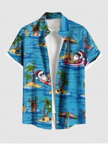 Plus Size Christmas Hat Elk Santa Claus Coconut Tree Seascape Print Hawaii Button Pocket Shirt For Men - SKY BLUE - S