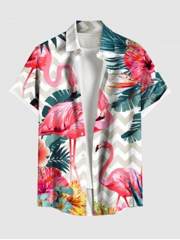 Plus Size Tropical Leaf Hibiscus Flower Flamingo Zig Zag Print Hawaii Button Pocket Shirt For Men - WHITE - 2XL