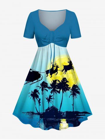 Plus Size Christmas Elk Santa Claus Coconut Tree Moon Sea Print Hawaii Cinched A Line Dress - SKY BLUE - XS