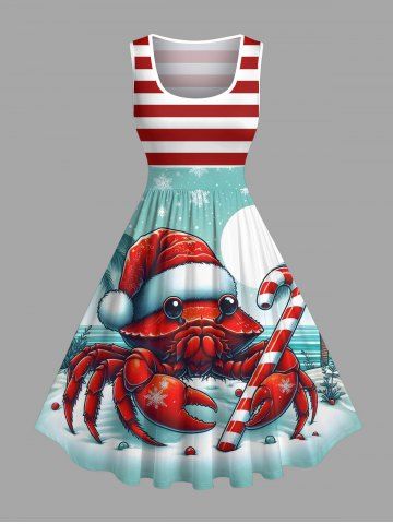 Plus Size Christmas Hat Snowflake Moon Crab Candy Coconut Tree Striped Print Vintage Swing A Line Dress - LIGHT GREEN - L