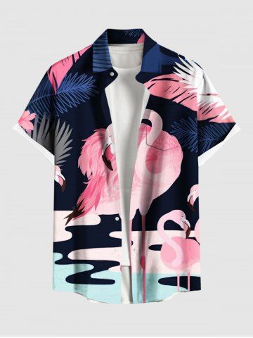 Plus Size Tropical Leaf Flamingo Lake Print Hawaii Button Pocket Shirt For Men - NAVY BLUE - 5XL