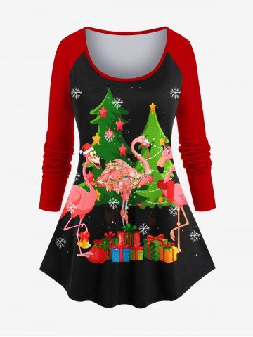 Plus Size Christmas Tree Snowflake Gift Flamingo Print Long Sleeves Women T-shirt - BLACK - 2X