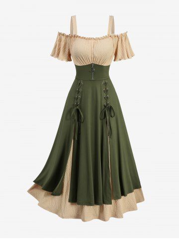 Two Tone Textured Lace Up Split Layered A Line Cold Shoulder Dress - GREEN - S