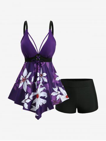 Maillot de bain tankini asymétrique grande taille à imprimé floral et jambes nouées (bretelles réglables) - PURPLE - 2X | US 18-20