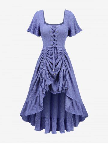 Ruffles Lace Up Grommets Plisse Cinched High Low Dress - PURPLE - M