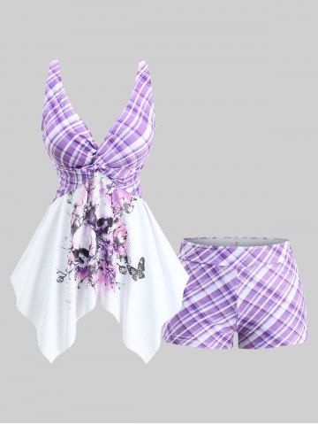 Maillot de bain tankini grande taille à imprimé carreaux tête de mort, fleur, branche et papillon, coupe shorty torsadée, style mouchoir. - PURPLE - 4X | US 26-28