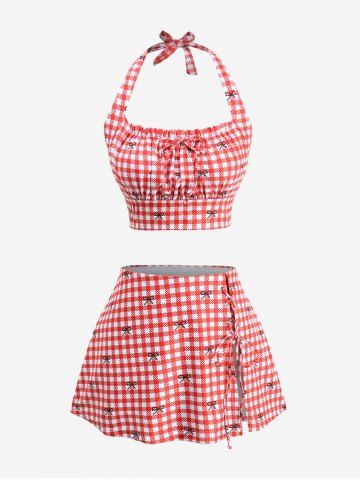 Plus Size Plaid Bowknot Print Lace Up Split Halter Tankini Swimsuit - RED - 1X | US 14-16
