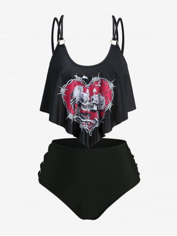 Maillot de bain tankini grande taille à imprimé tête de mort, squelette et cœur (bretelles réglables) - BLACK - M | US 10