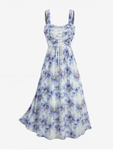 Flowers Print Grommets Lace Up Ruffles Ruched Tank Dress - BLUE - M