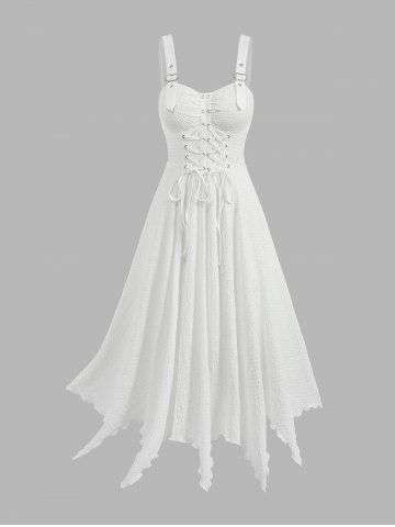 Lace Up Grommets Ruffles Ruched Asymmetrical Plisse Tank Dress - WHITE - L