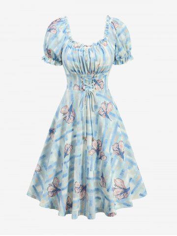 Flowers Plaid Print Lace Up Waist Ruffles Ruched Puff Sleeves Dress - POWDER BLUE - M