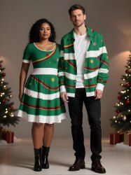 Christmas Ball Ribbon Colorblock Print Plus Size Matching Outfit For Couples -  