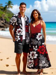 Ombre Flower Leaf Branch Print Plus Size Matching Hawaii Beach Outfit For Couples -  