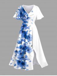 Plus Size Flowers Print Split Hawaii Midi Dress -  