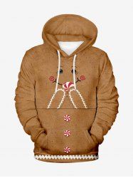 Plus Size Christmas Gingerbread Smile Face Candy Print Drawstring Pockets Hoodie For Men -  