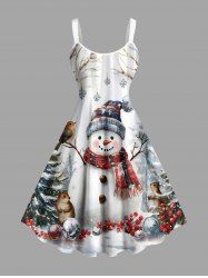 Plus Size Christmas Snownan Snowflake Bird Holly Fruit Print Tank Dress -  