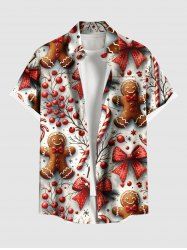 Chemise de Noël grande taille à imprimé pain d'épices, bonbons, houx, fruits, nœud papillon, flocon de neige, boutons, poche pour homme - Rouge L