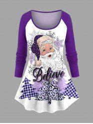 Plus Size Christmas Tree Plaid Leopard Santa Claus Snowflake Print T-shirt -  