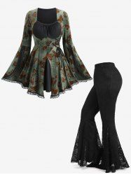 Butterfly Flocking Lace-up Waist Flare Sleeves Top and Floral Lace Patchwork Flare Pants Plus Size Outfit -  