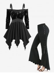 Silver Stamping Fireworks Tassel Asymmetric Top and Lace Up Scalloped Hem Flare Pants Plus Size Outfit -  