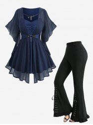 Chiffon Textured Ruched O-Ring Cross Belted Blouse and Lace Up Pockets Ruffles Flare Pants Plus Size Outfit -  