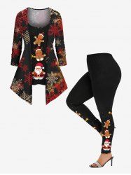 Christmas Ombre Snowflake Gingerbread Santa Claus Print Women T-shirt and Leggings Plus Size Matching Set -  
