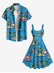 Christmas Hat Elk Santa Claus Coconut Tree Seascape Print Plus Size Matching Hawaii Beach Outfit For Couples -  