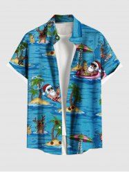 Plus Size Christmas Hat Elk Santa Claus Coconut Tree Seascape Print Hawaii Button Pocket Shirt For Men -  