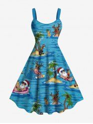 Robe débardeur trapèze à imprimé hawaïen avec chapeau de Noël, élan, père Noël, cocotier, paysage marin, grande taille - Bleu Ciel XXS