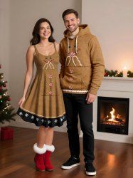 Christmas Gingerbread Smile Face Candy Print Plus Size Matching Outfit For Couples -  
