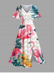 Robe mi-longue trapèze grande taille à imprimé feuilles tropicales, hibiscus, flamant rose, zigzag, poches fendues, style hawaïen - Rouge Rose 6X