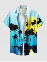 Plus Size Christmas Elk Santa Claus Coconut Tree Moon Sea Print Hawaii Button Pocket Shirt For Men - Bleu Ciel 4XL