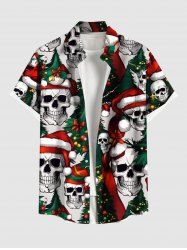 Plus Size Christmas Tree Hat Skull Print Button Pocket Shirt For Men -  