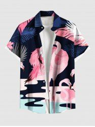 Chemise à poches boutonnées grande taille pour homme, imprimée de feuilles tropicales, de flamants roses et de lacs hawaïens. - Bleu Marine 2XL