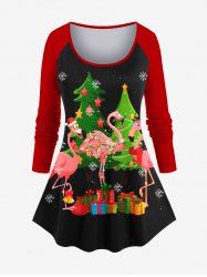 Plus Size Christmas Tree Snowflake Gift Flamingo Print Long Sleeves Women T-shirt -  