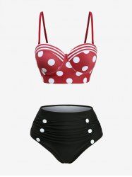 Plus Size Polka Dot Striped Print Ruched Button Tankini Swimsuit (Adjustable Shoulder Strap) -  