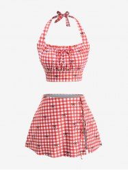Plus Size Plaid Bowknot Print Lace Up Split Halter Tankini Swimsuit -  