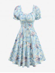 Flowers Plaid Print Lace Up Waist Ruffles Ruched Puff Sleeves Dress -  