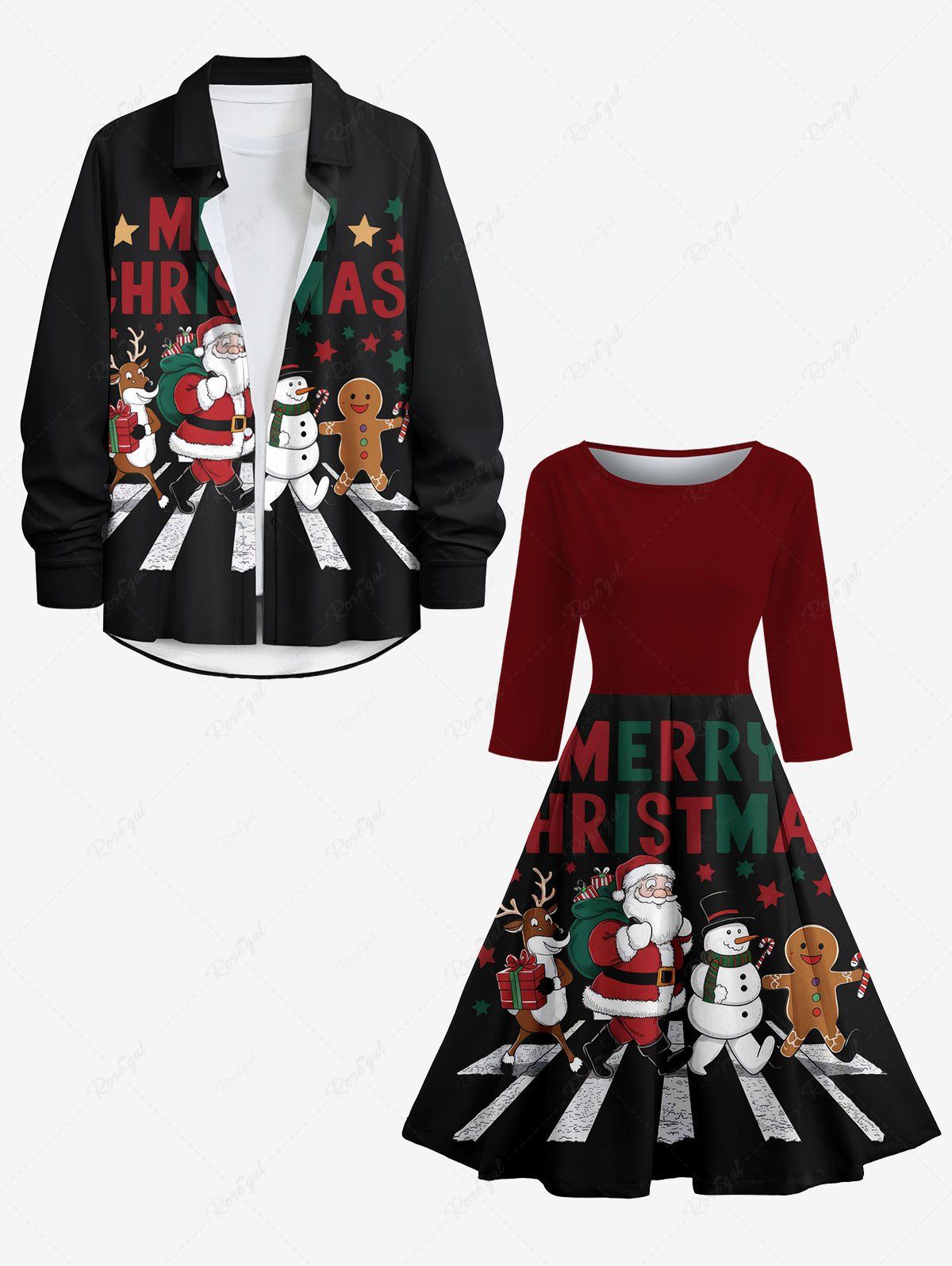 Tenue assortie de Noël, Père Noël, Bonhomme de neige, Pain d'épices, Élan, Lettres imprimées, Pour Couples Noir 