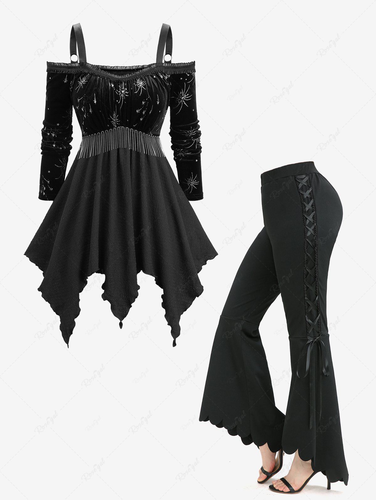 Online Silver Stamping Fireworks Tassel Asymmetric Top and Lace Up Scalloped Hem Flare Pants Plus Size Outfit  