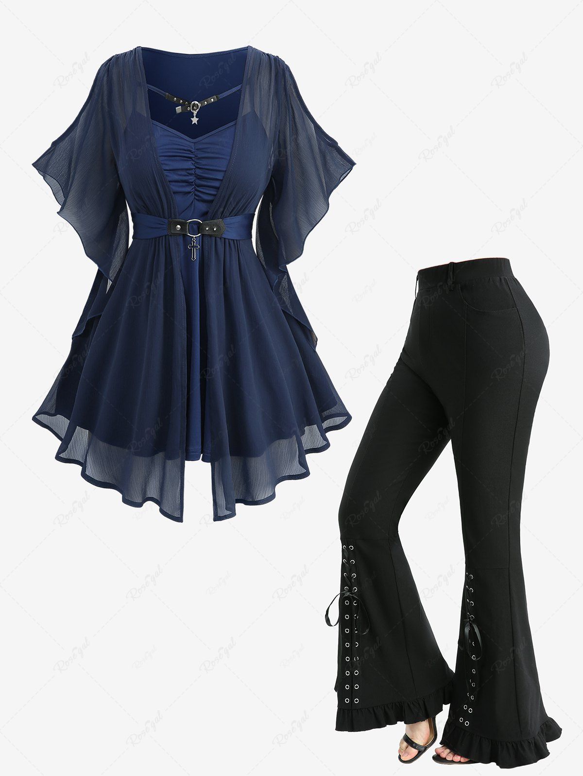 Discount Chiffon Textured Ruched O-Ring Cross Belted Blouse and Lace Up Pockets Ruffles Flare Pants Plus Size Outfit  