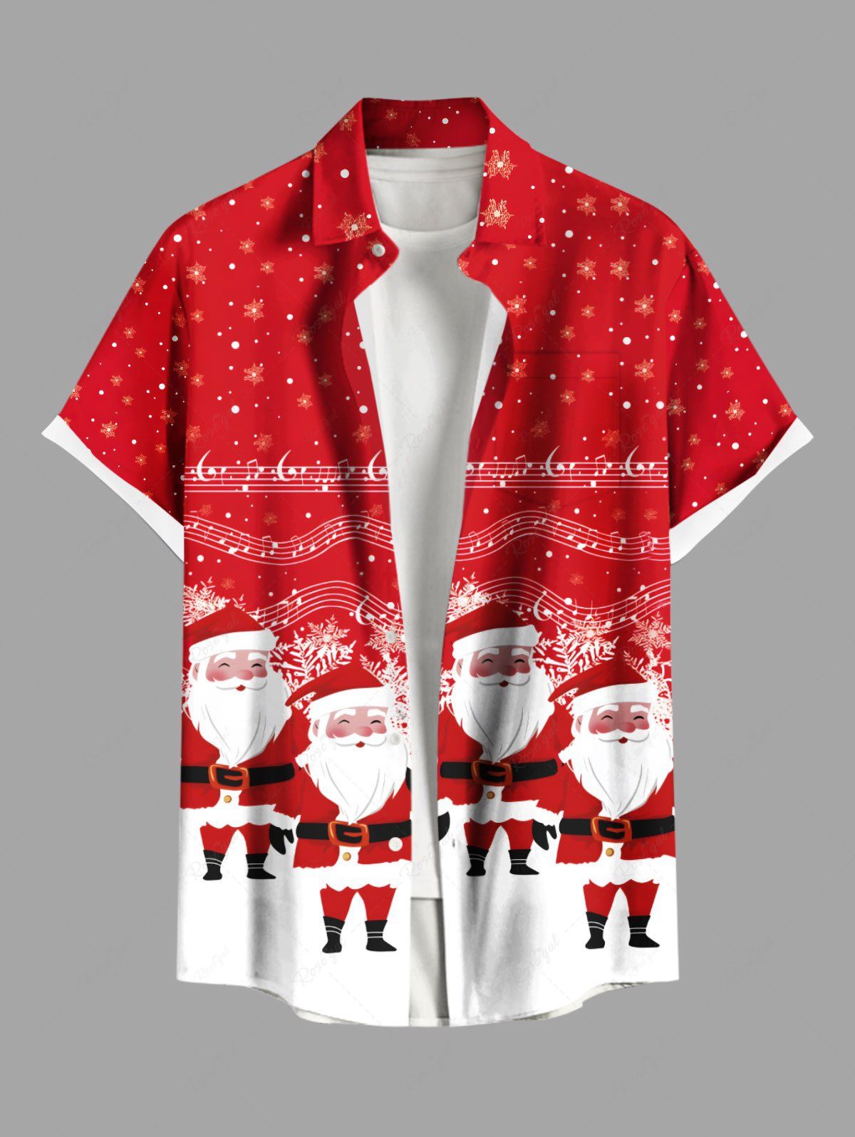 Chemise de Noël grande taille avec imprimé Père Noël, flocon de neige, notes de musique, boutons et poche pour homme Rouge S