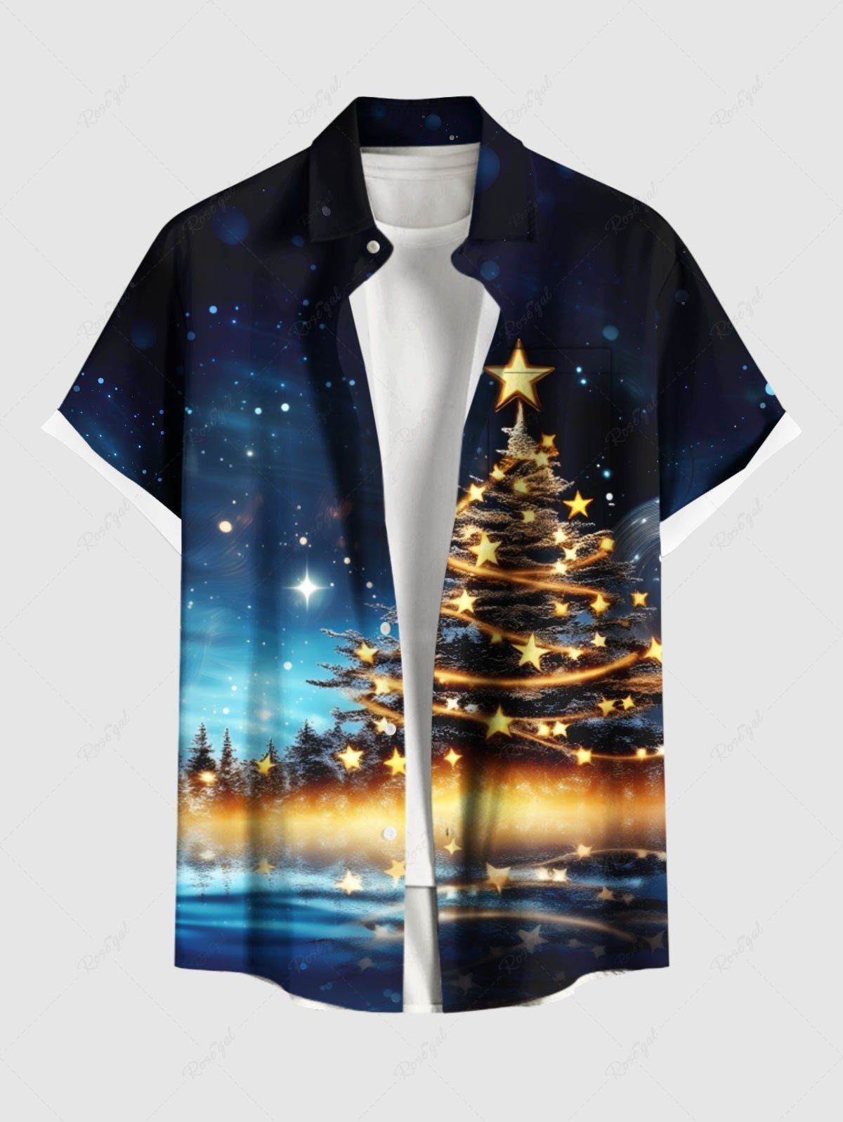 Chemise grande taille à boutons et poches pour homme, motif sapin de Noël, étoiles et galaxie Bleu de Minuit S