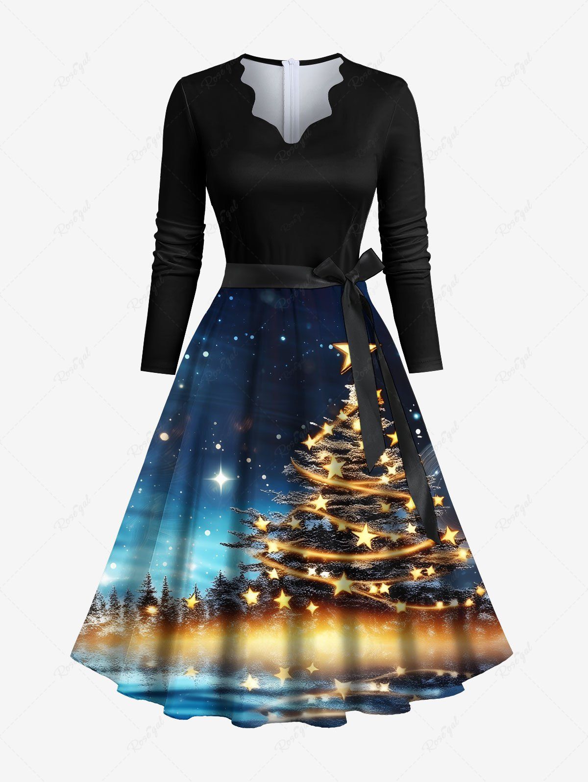 Sale Plus Size Christmas Tree Star Galaxy Print Scalloped V Neck Dress With A Belt  